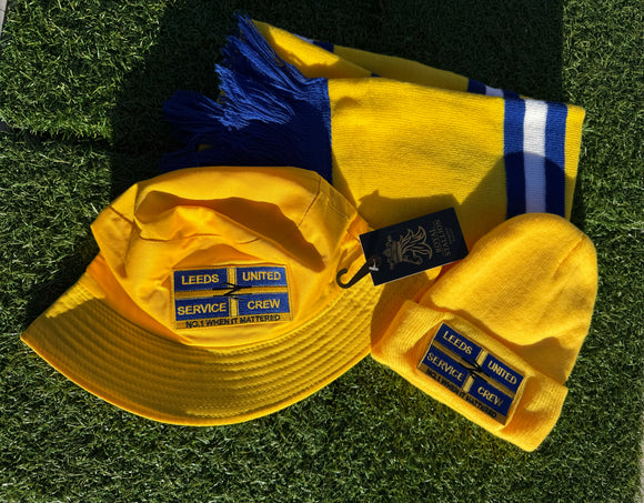 Leeds United Service Crew Bucket and Beanie Hat Leeds United Yellow